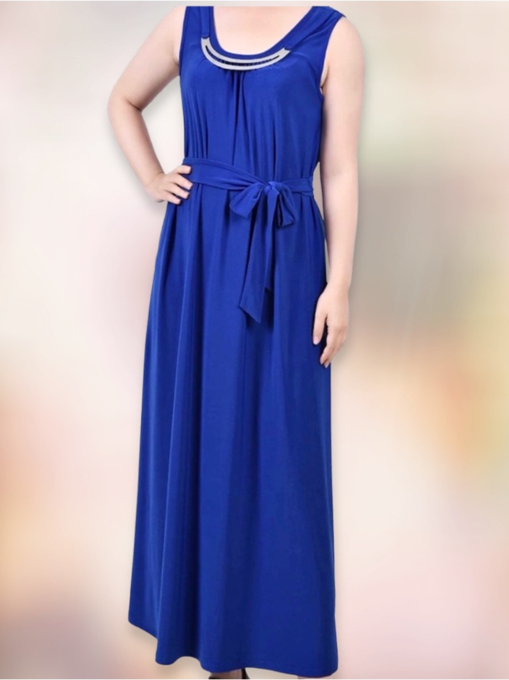 MAXI DRESS Autumn Wedding Guest Silver Accent Necklace Y2K Tie Belt Blue SZ PM